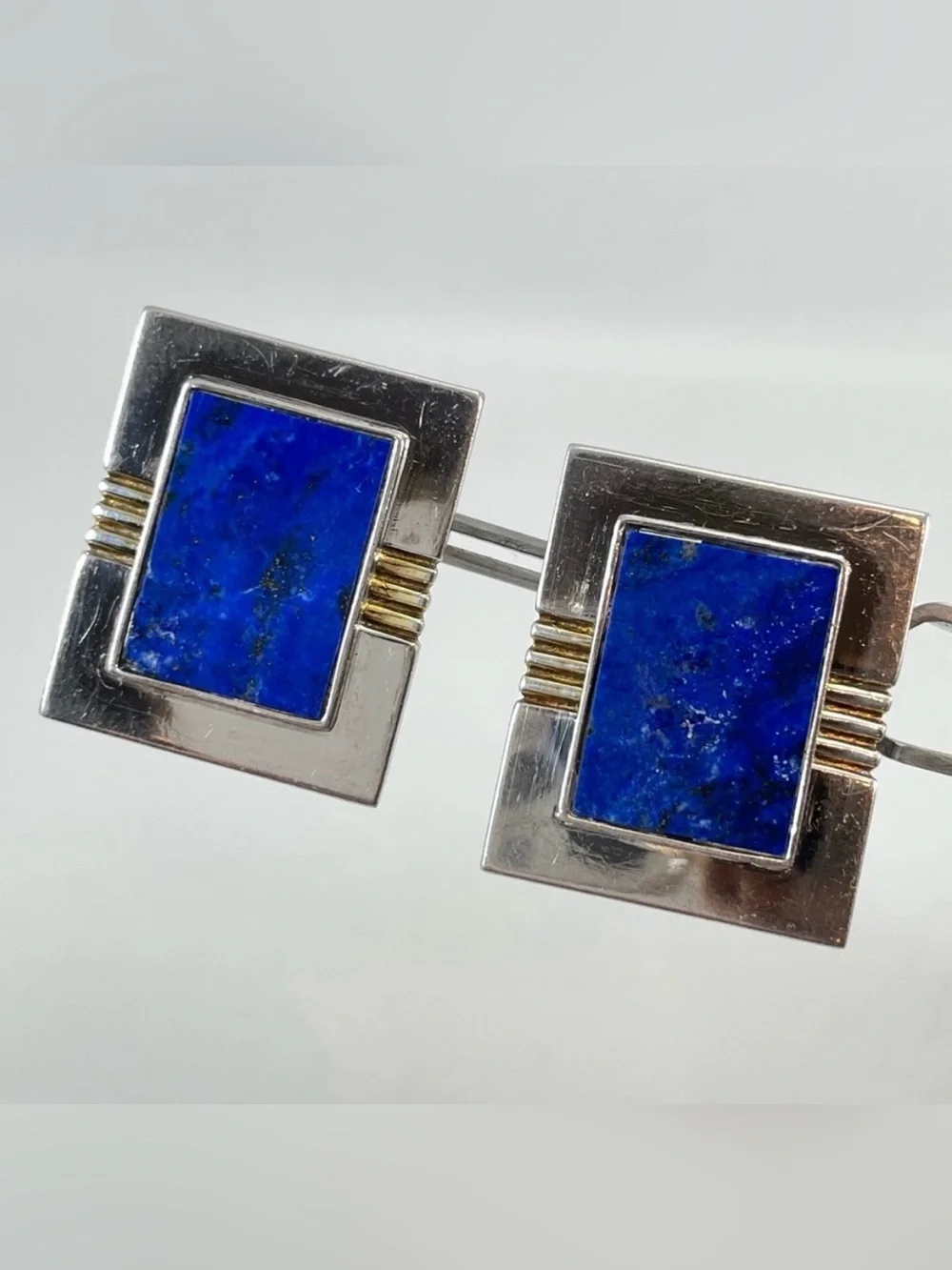 Vintage Sterling Silver Framed Lapis Lazuli Geometric Pierced Earrings Art Deco